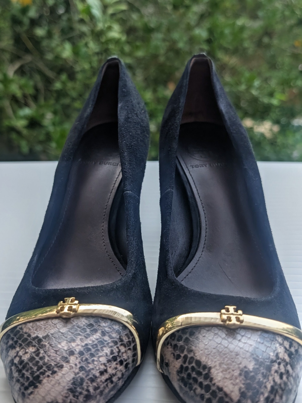 Tory Burch Black Suede Pumps with Snakeskin Toe and Gold Accent